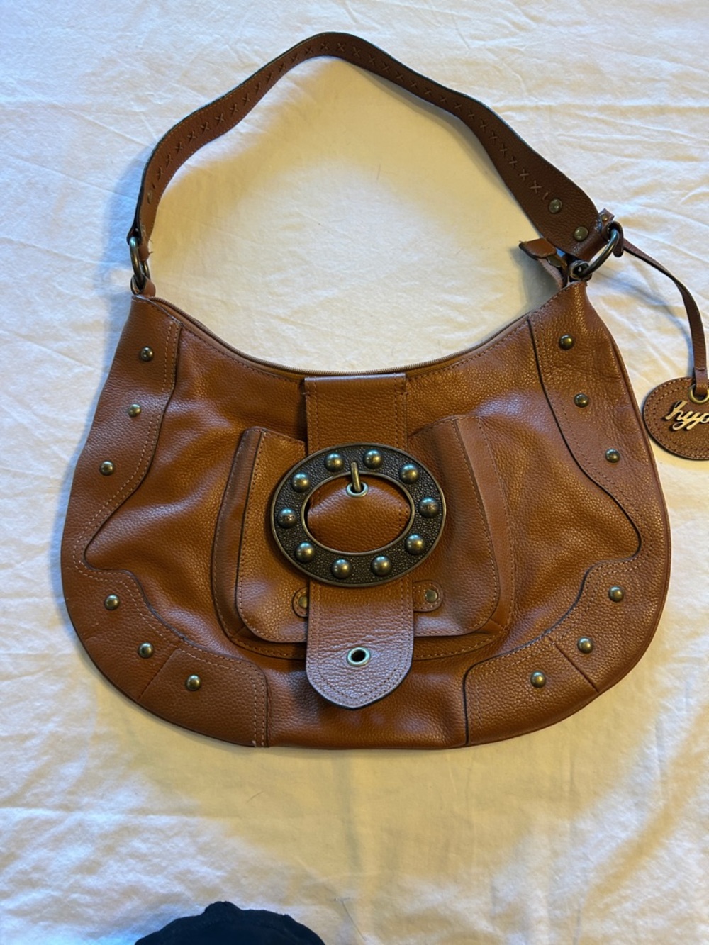 Hype Brown Pebbled Leather Shoulder Bag with Studded Ring